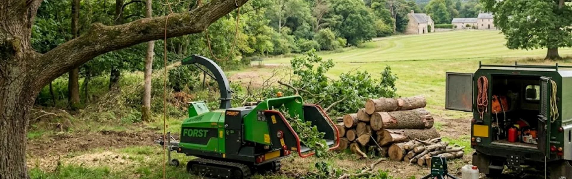 Tracked woodchipper, cut timber and a branded Evenii vehicle during tree work on a managed estate — arboriculture services Northeast England