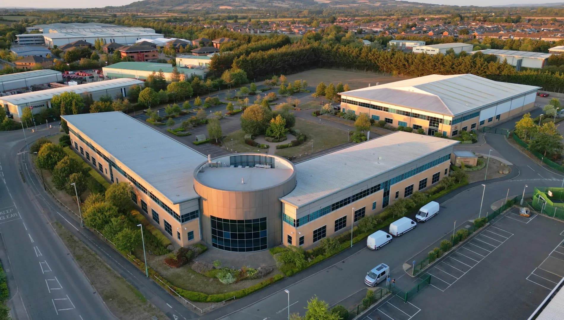 Aerial of a landscaped multi-let business park and office estate — Evenii grounds maintenance