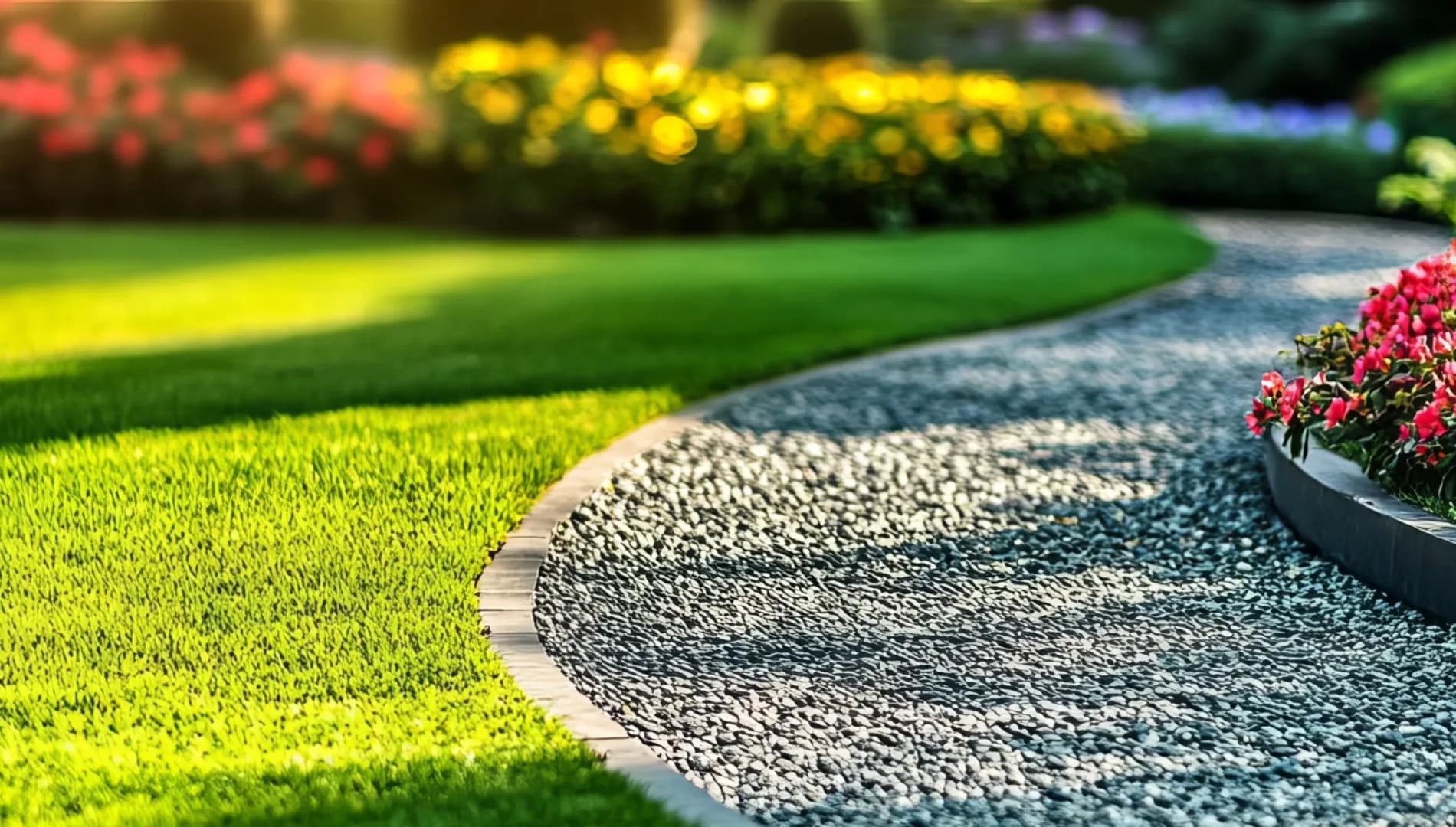 Manicured commercial lawn meeting a stone-edged gravel path — Evenii grounds maintenance