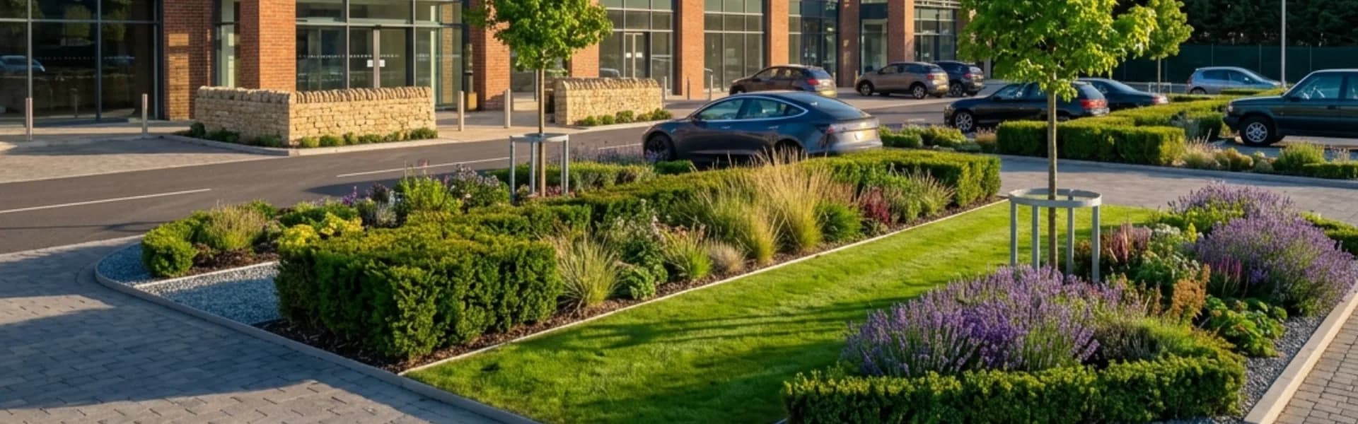 Landscaped car-park islands and planting at a retail park with units behind — retail park grounds maintenance Northeast