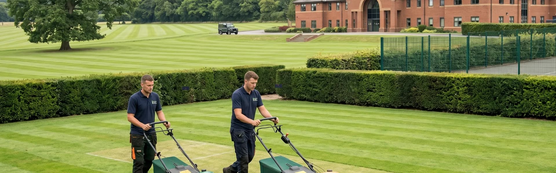 Two Evenii operatives mowing a large striped lawn with a building behind — school and estate grounds maintenance Northeast